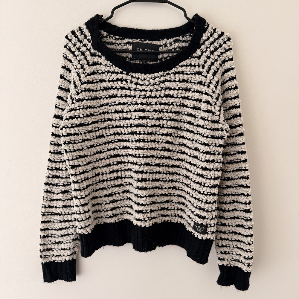 Obey N89 Womens Sweater Size S Black‎ White Chunky Knit Crew Neck Indie Sleaze